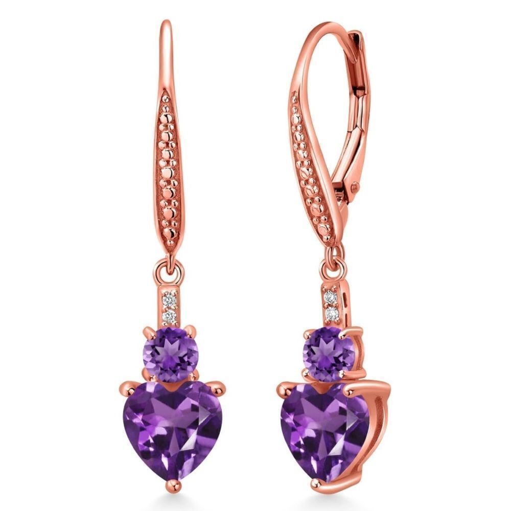 18K Rose Gold with 2.33 Cttw Amethyst and White Diamond Heart Drop Earrings